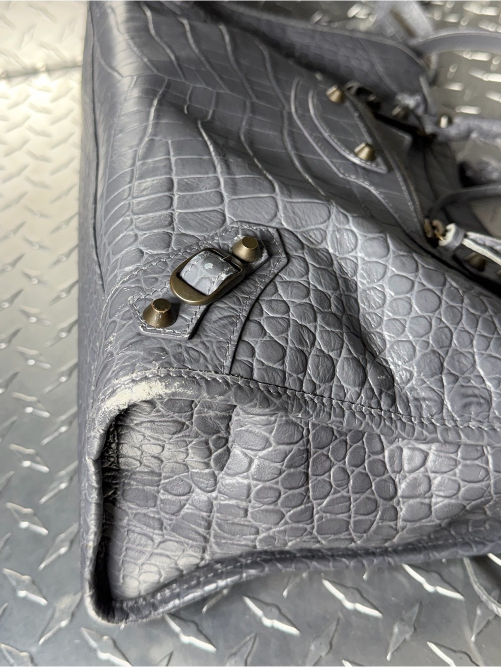 Balenciaga Croc Embossed Moto Medium City Bag in Grey - Picture 6 of 10